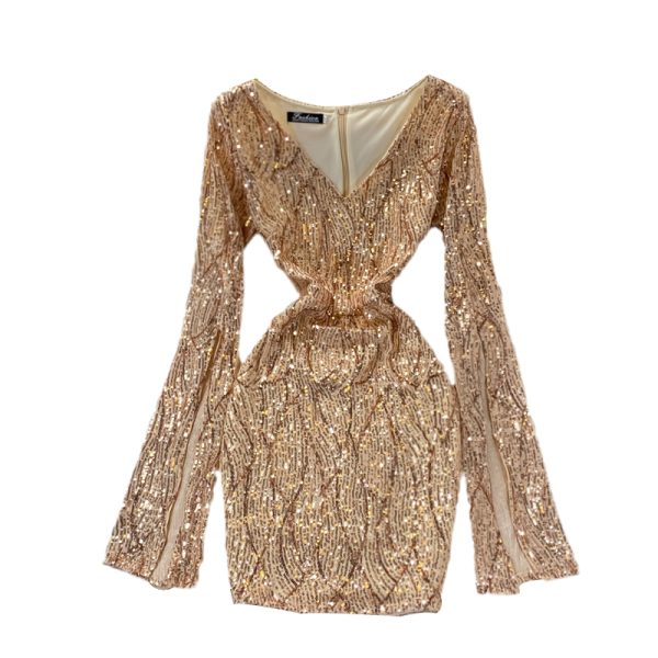 Fall New Sexy Sequined V-neck Cuff Long Sleeve High Waist Slimming and Short Small Sheath Dress - Image 6