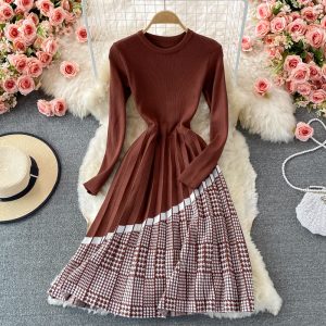 Match with Coat Woolen Skirt Autumn and Winter round Neck Plaid Patchwork Knitting Dress Mid-Length Pleated A- line Skirt