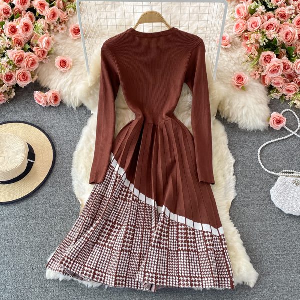 Match with Coat Woolen Skirt Autumn and Winter round Neck Plaid Patchwork Knitting Dress Mid-Length Pleated A- line Skirt - Image 5