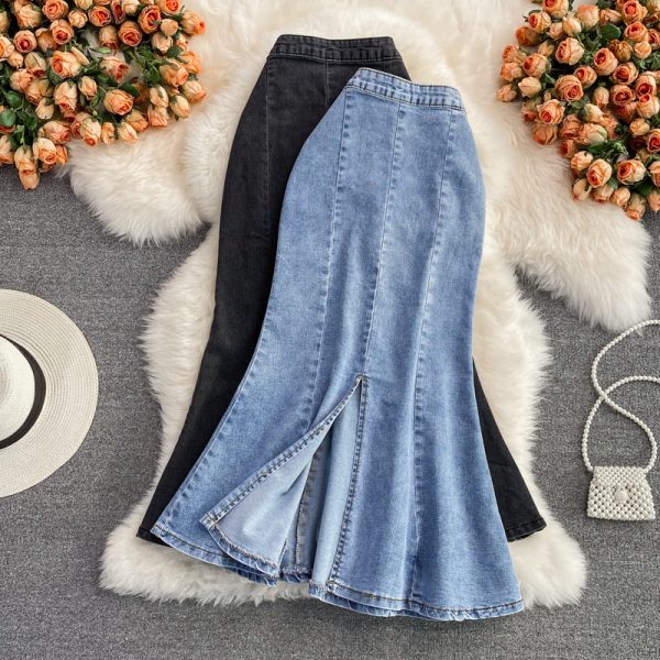 Denim High Waist Slit Skirt Women’s A- line Skirt Ruffled Mid-Length below the Knee Slim Fit Slimming Fishtail Hip Skirt - Image 2