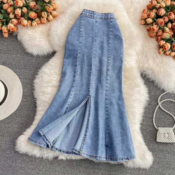 Denim High Waist Slit Skirt Women’s A- line Skirt Ruffled Mid-Length below the Knee Slim Fit Slimming Fishtail Hip Skirt - Image 4