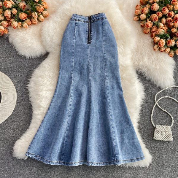Denim High Waist Slit Skirt Women’s A- line Skirt Ruffled Mid-Length below the Knee Slim Fit Slimming Fishtail Hip Skirt - Image 5