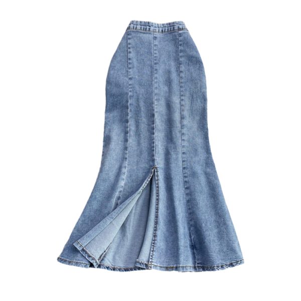 Denim High Waist Slit Skirt Women’s A- line Skirt Ruffled Mid-Length below the Knee Slim Fit Slimming Fishtail Hip Skirt - Image 6