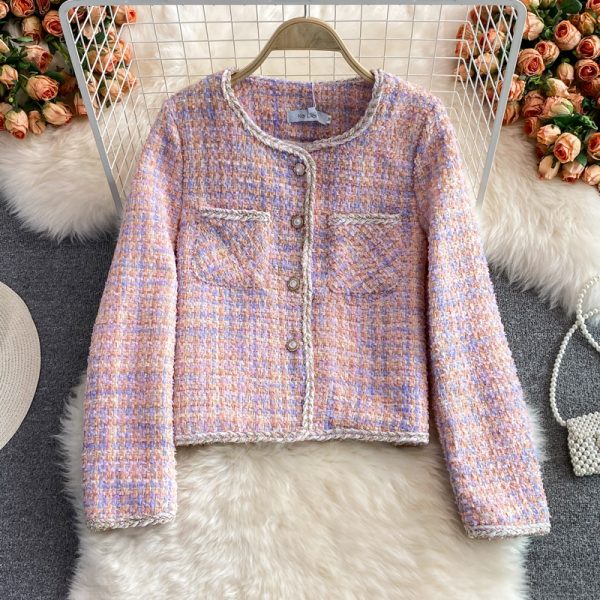 Autumn and Winter French Style Retro Socialite Woven Tweed Temperament Top Short Pink Coat for Women
