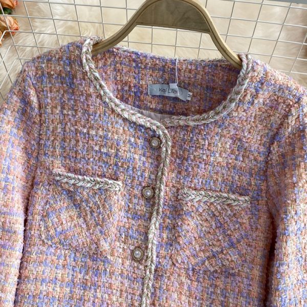 Autumn and Winter French Style Retro Socialite Woven Tweed Temperament Top Short Pink Coat for Women - Image 3