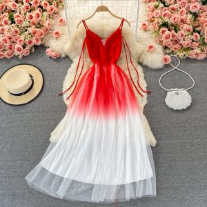 Fashionable Evening Dress for Women Ladies Banquet Elegant Slimming Host V-neck off-Shoulder Mesh Dress Large Swing Dress