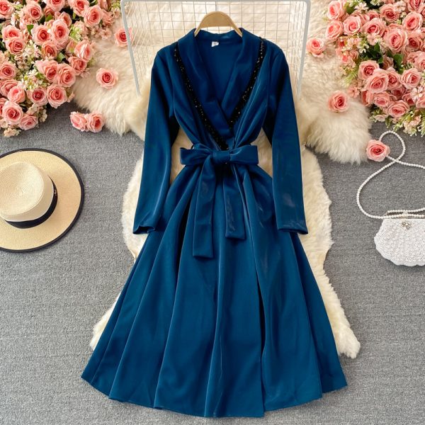Fashion windbreaker women's mid-length over-the-knee V-neck dress for autumn - Image 3