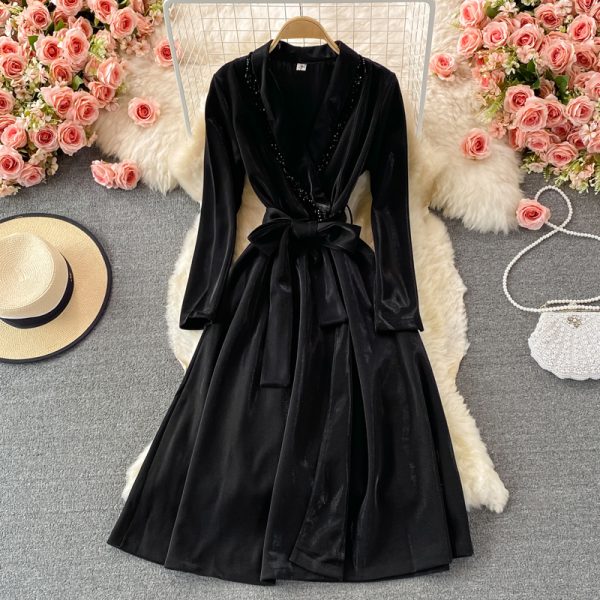 Fashion windbreaker women's mid-length over-the-knee V-neck dress for autumn - Image 4