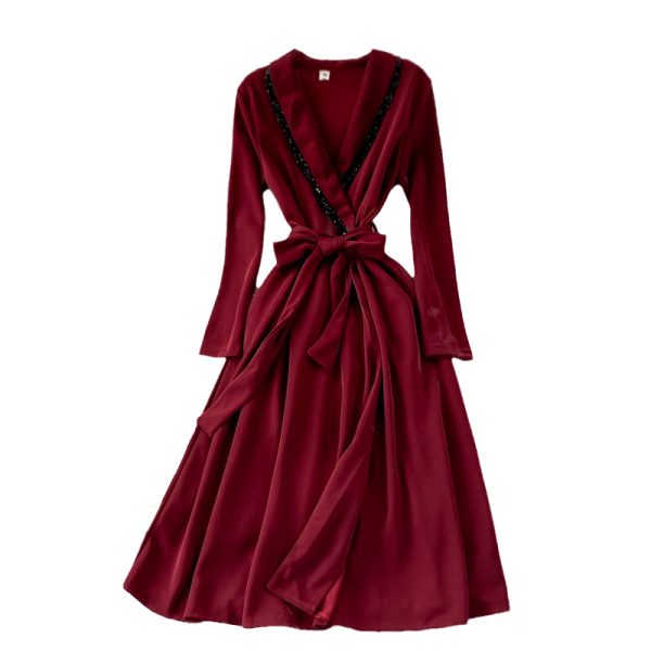 Fashion windbreaker women's mid-length over-the-knee V-neck dress for autumn - Image 6