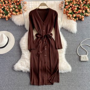 New V-neck Single-Breasted Slim-Fit Bottoming Hip Skirt V-neck Waist-Controlled Lace-up Knitted Dress for Autumn and Winter