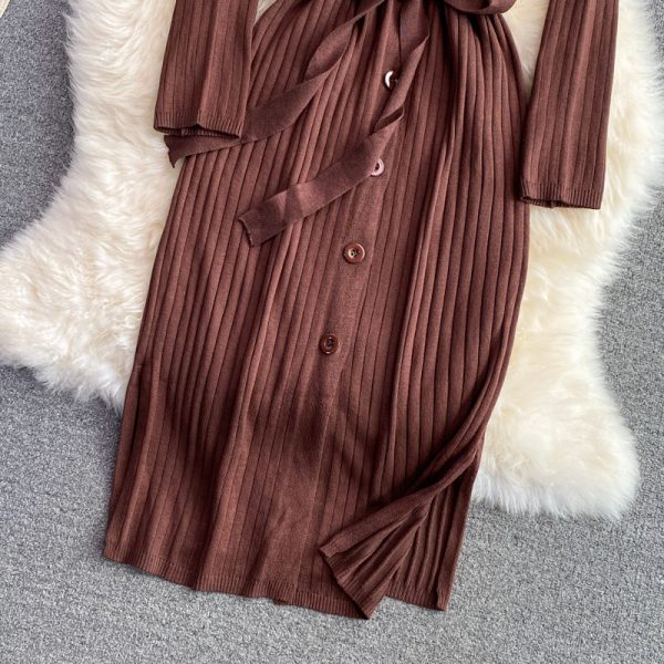 New V-neck Single-Breasted Slim-Fit Bottoming Hip Skirt V-neck Waist-Controlled Lace-up Knitted Dress for Autumn and Winter - Image 4