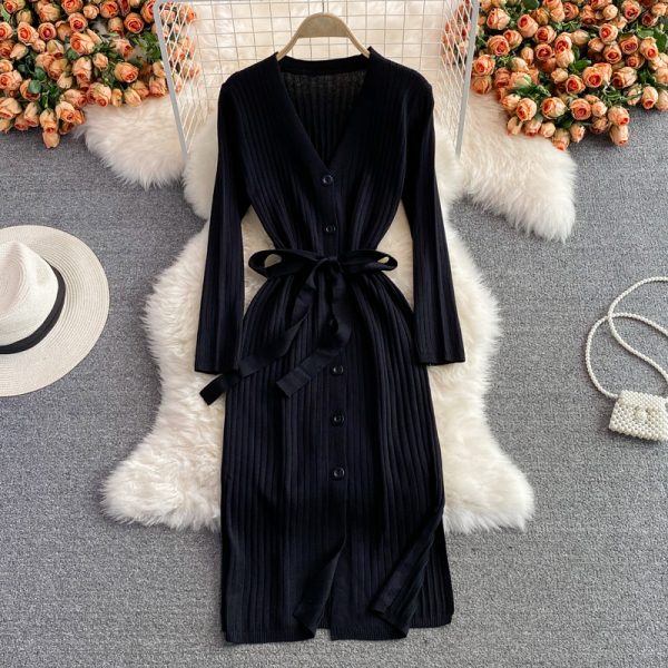 New V-neck Single-Breasted Slim-Fit Bottoming Hip Skirt V-neck Waist-Controlled Lace-up Knitted Dress for Autumn and Winter - Image 5
