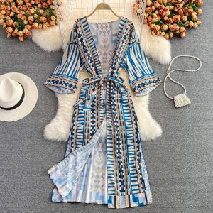 Summer Seaside Holiday Beach Dress Cardigan Long Skirt Temperament V-neck Lace-up Waist Trimming Fashion Print Holiday Dress