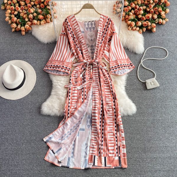 Summer Seaside Holiday Beach Dress Cardigan Long Skirt Temperament V-neck Lace-up Waist Trimming Fashion Print Holiday Dress - Image 3