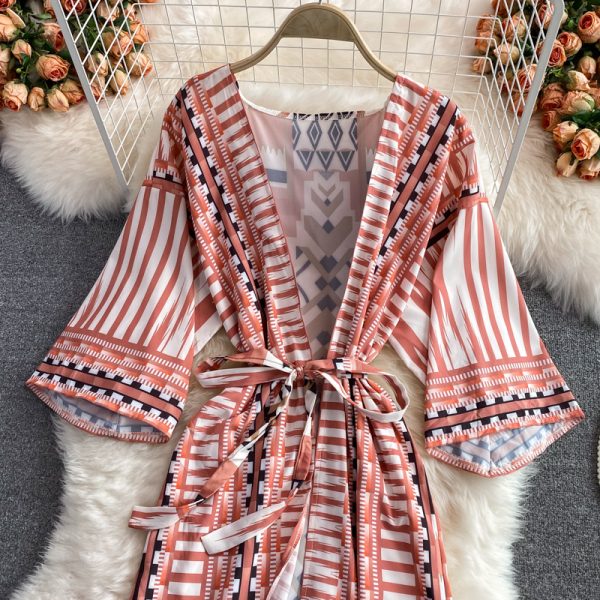 Summer Seaside Holiday Beach Dress Cardigan Long Skirt Temperament V-neck Lace-up Waist Trimming Fashion Print Holiday Dress - Image 4