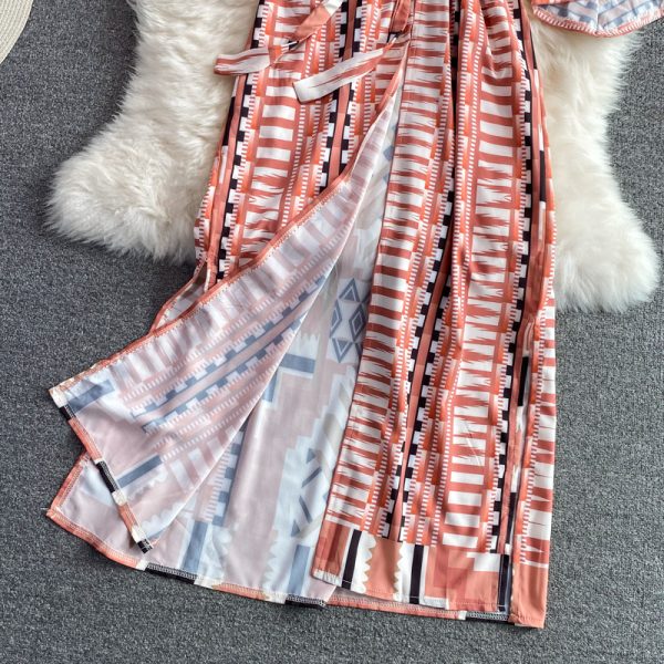 Summer Seaside Holiday Beach Dress Cardigan Long Skirt Temperament V-neck Lace-up Waist Trimming Fashion Print Holiday Dress - Image 5