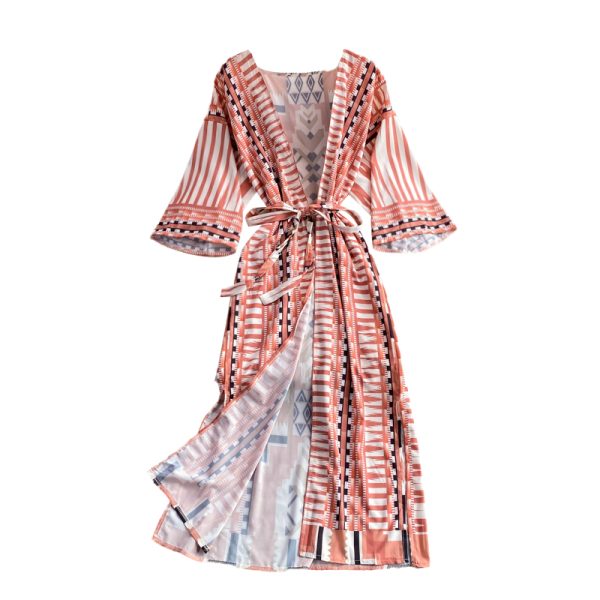 Summer Seaside Holiday Beach Dress Cardigan Long Skirt Temperament V-neck Lace-up Waist Trimming Fashion Print Holiday Dress - Image 6