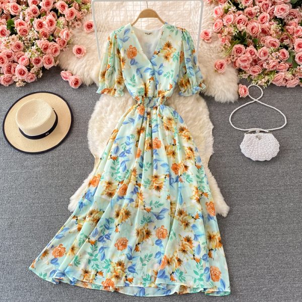 Summer new waist short-sleeved printed V-neck chiffon dress over the knee was thin popular puff sleeve large swing dress - Image 3