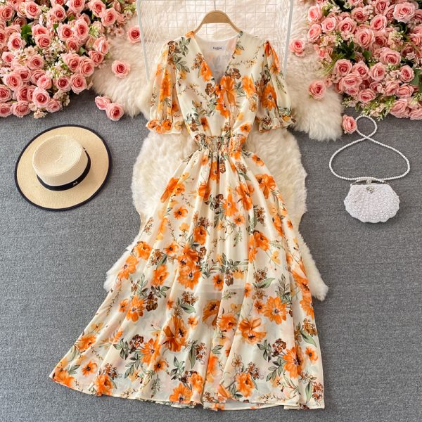 Summer new waist short-sleeved printed V-neck chiffon dress over the knee was thin popular puff sleeve large swing dress - Image 4