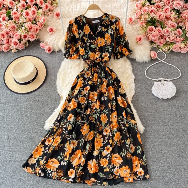 Summer new waist short-sleeved printed V-neck chiffon dress over the knee was thin popular puff sleeve large swing dress - Image 5