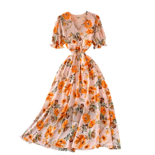 Summer new waist short-sleeved printed V-neck chiffon dress over the knee was thin popular puff sleeve large swing dress - Image 6