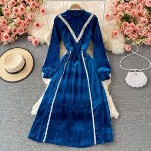 Retro tea break skirt autumn and winter French high-end light luxury temperament was thin stand-up collar velvet dress