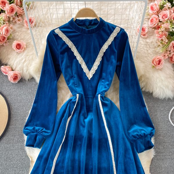 Retro tea break skirt autumn and winter French high-end light luxury temperament was thin stand-up collar velvet dress - Image 3