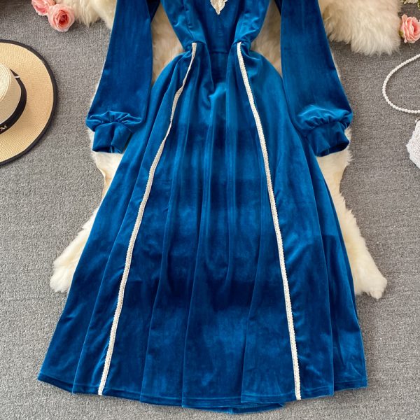 Retro tea break skirt autumn and winter French high-end light luxury temperament was thin stand-up collar velvet dress - Image 4