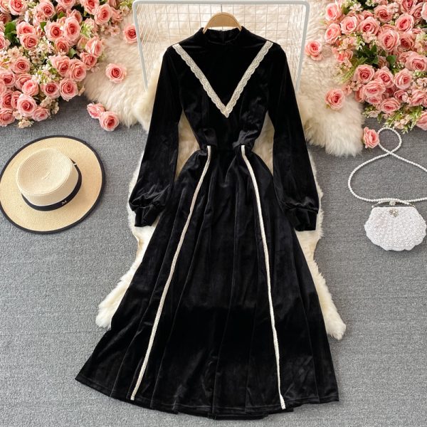 Retro tea break skirt autumn and winter French high-end light luxury temperament was thin stand-up collar velvet dress - Image 5