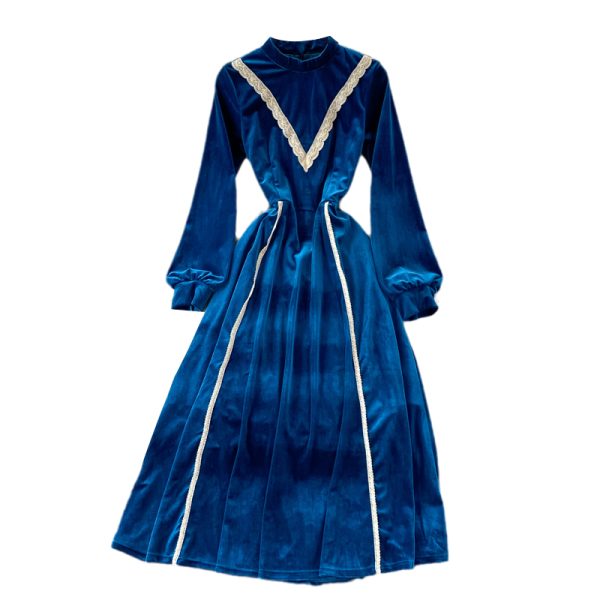 Retro tea break skirt autumn and winter French high-end light luxury temperament was thin stand-up collar velvet dress - Image 6