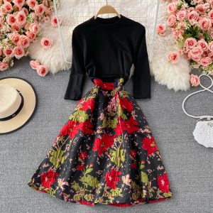 Feminine Dress Women's Autumn New Fashion Stitching Printing Gas Stand-up Collar Cinched Slim-Fit Mid-Length Dress