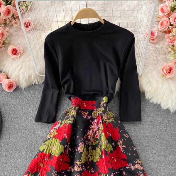 Feminine Dress Women's Autumn New Fashion Stitching Printing Gas Stand-up Collar Cinched Slim-Fit Mid-Length Dress - Image 3
