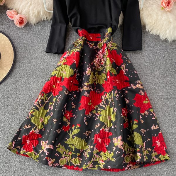 Feminine Dress Women's Autumn New Fashion Stitching Printing Gas Stand-up Collar Cinched Slim-Fit Mid-Length Dress - Image 4