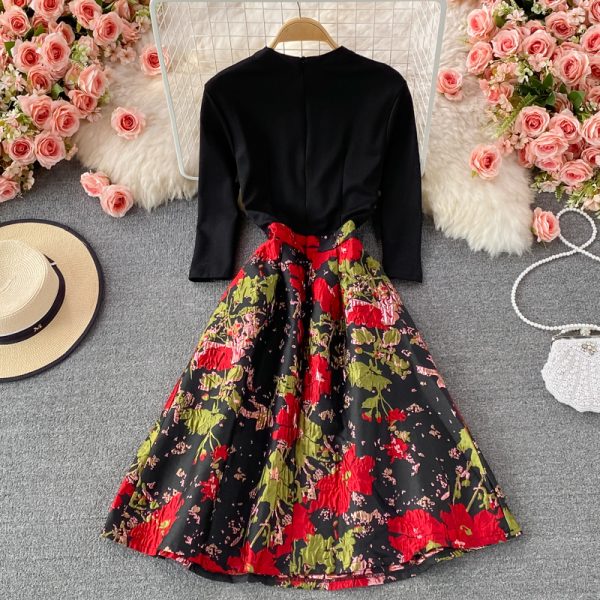 Feminine Dress Women's Autumn New Fashion Stitching Printing Gas Stand-up Collar Cinched Slim-Fit Mid-Length Dress - Image 5
