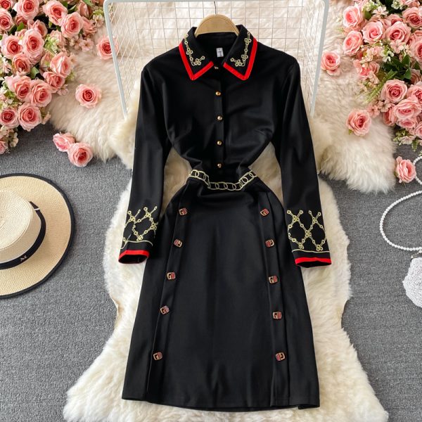 French Hepburn style elegant waist long-sleeved lapel dress autumn retro exquisite embroidery collar A-line skirt - Image 5