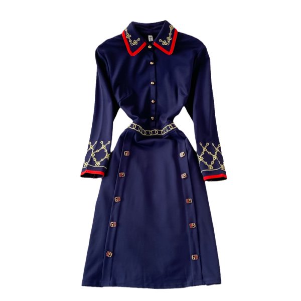 French Hepburn style elegant waist long-sleeved lapel dress autumn retro exquisite embroidery collar A-line skirt - Image 6
