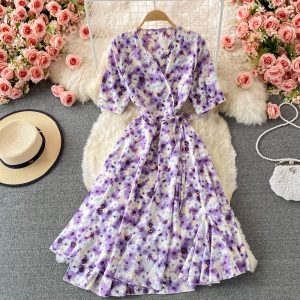 French Tea Break Puff Sleeve First Love Retro Purple Floral Skirt Mid-Length Ruffled Chiffon V-neck Dress Summer