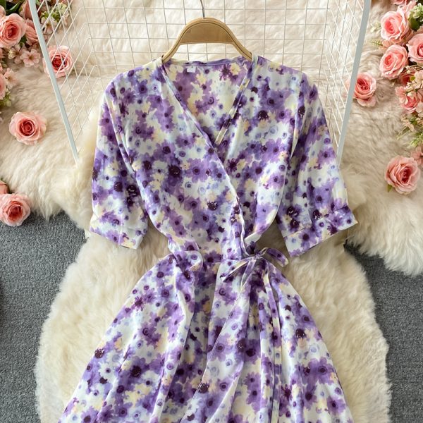 French Tea Break Puff Sleeve First Love Retro Purple Floral Skirt Mid-Length Ruffled Chiffon V-neck Dress Summer - Image 3