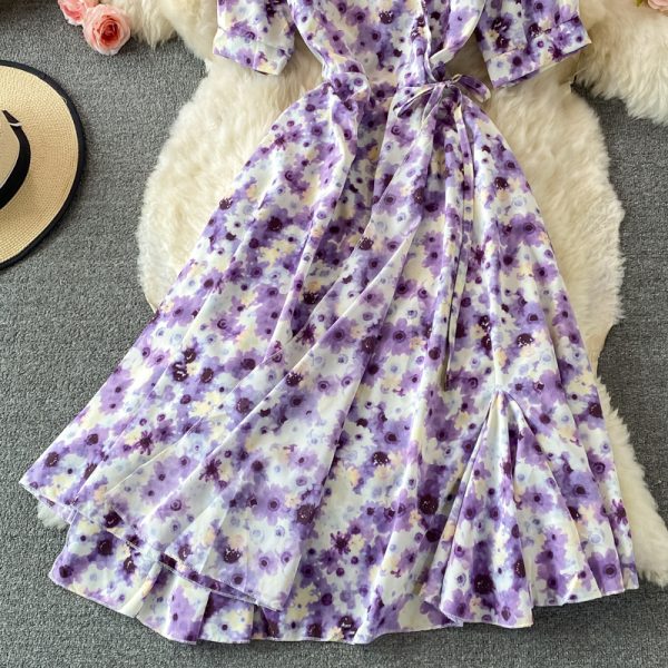 French Tea Break Puff Sleeve First Love Retro Purple Floral Skirt Mid-Length Ruffled Chiffon V-neck Dress Summer - Image 4