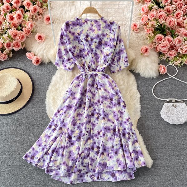 French Tea Break Puff Sleeve First Love Retro Purple Floral Skirt Mid-Length Ruffled Chiffon V-neck Dress Summer - Image 5