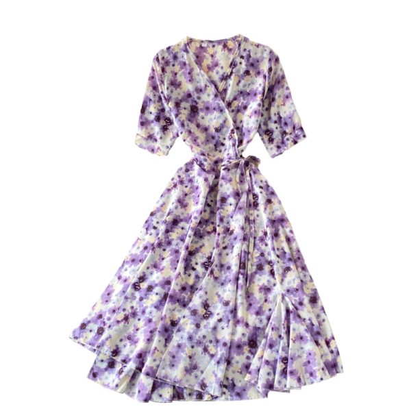 French Tea Break Puff Sleeve First Love Retro Purple Floral Skirt Mid-Length Ruffled Chiffon V-neck Dress Summer - Image 6