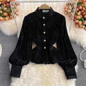 Autumn and Winter Vintage Court Style Lace Lace Stand Collar Silk Shirt Fashion Waist-Controlled Slimming Flounce Short Top