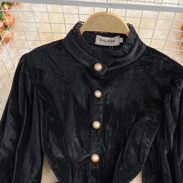 Autumn and Winter Vintage Court Style Lace Lace Stand Collar Silk Shirt Fashion Waist-Controlled Slimming Flounce Short Top - Image 3
