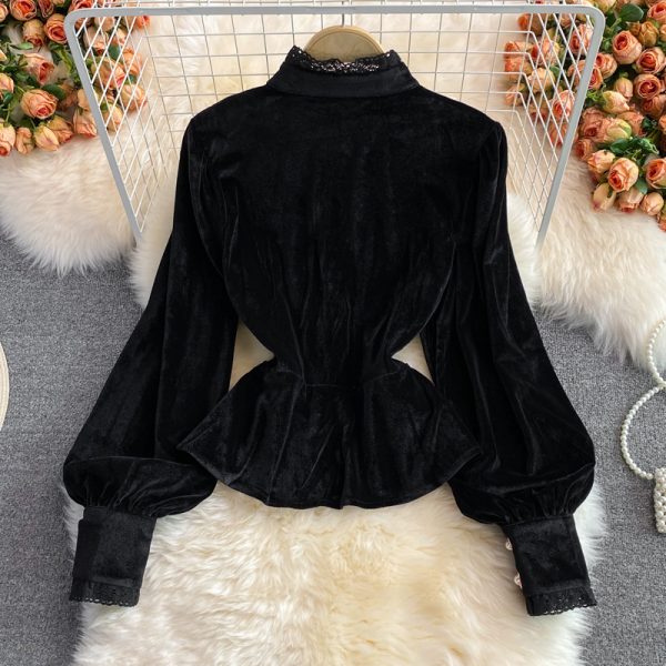 Autumn and Winter Vintage Court Style Lace Lace Stand Collar Silk Shirt Fashion Waist-Controlled Slimming Flounce Short Top - Image 5