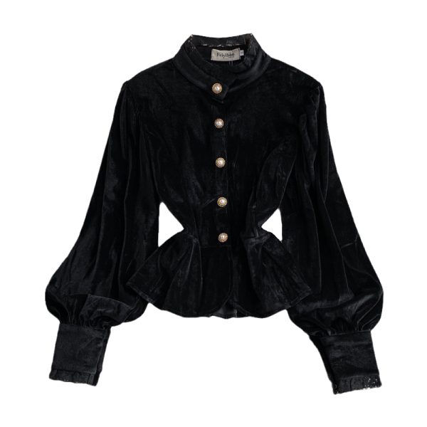 Autumn and Winter Vintage Court Style Lace Lace Stand Collar Silk Shirt Fashion Waist-Controlled Slimming Flounce Short Top - Image 6