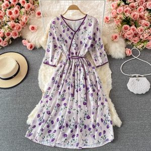 Fall New French First Love Tea Dress Elegant Graceful Long Dress Waist-Tight V-neck Floral Chiffon Dress