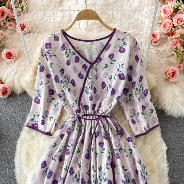Fall New French First Love Tea Dress Elegant Graceful Long Dress Waist-Tight V-neck Floral Chiffon Dress - Image 3