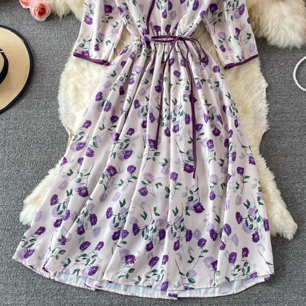 Fall New French First Love Tea Dress Elegant Graceful Long Dress Waist-Tight V-neck Floral Chiffon Dress - Image 4