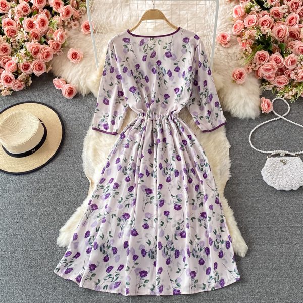 Fall New French First Love Tea Dress Elegant Graceful Long Dress Waist-Tight V-neck Floral Chiffon Dress - Image 5
