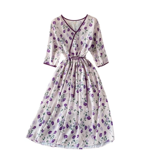 Fall New French First Love Tea Dress Elegant Graceful Long Dress Waist-Tight V-neck Floral Chiffon Dress - Image 6